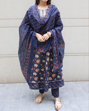 NAVY BLUE INDIAN WOMEN READY TO WEAR COTTON ANARKALI PRINTED KURTI