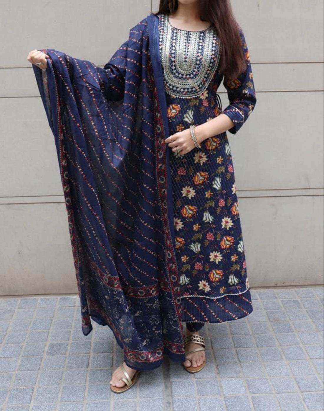 NAVY BLUE INDIAN WOMEN READY TO WEAR COTTON ANARKALI PRINTED KURTI