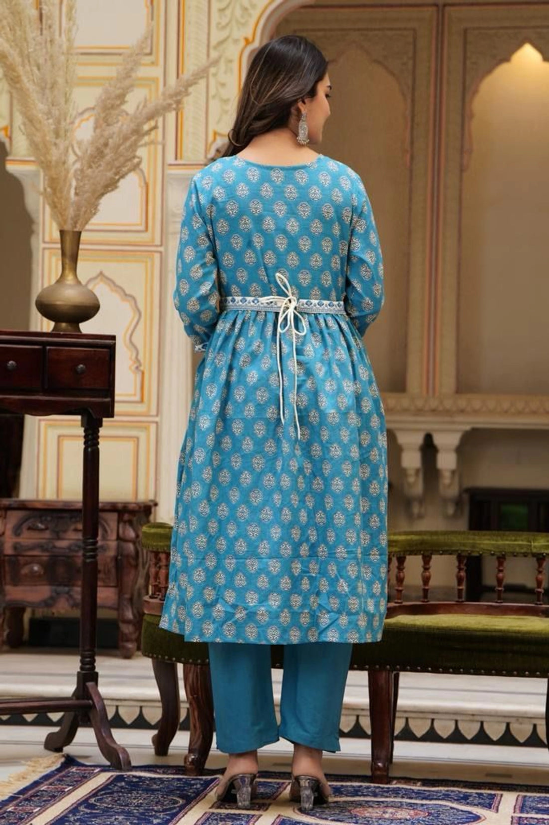 Blue Embroidered Cotton Kurta, Pant and Dupatta Set